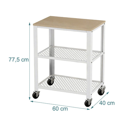 Kitchen Trolley, 3-Tier, Steel Frame, Wood Shelves
