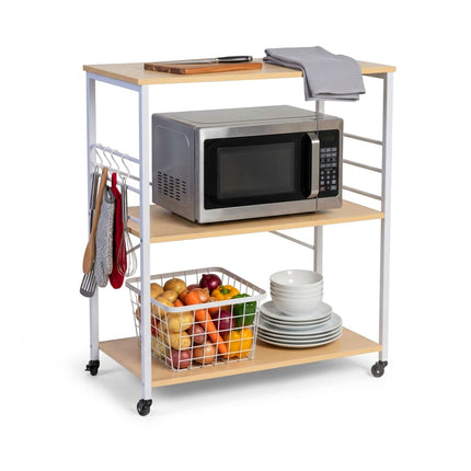 Kitchen Trolley Cart, 3-Tier Shelves, Wheels and 6 S-Hooks