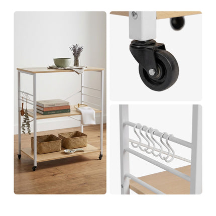 Kitchen Trolley Cart, 3-Tier Shelves, Wheels and 6 S-Hooks