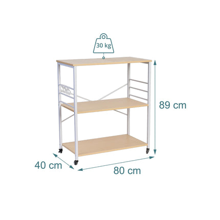 Kitchen Trolley Cart, 3-Tier Shelves, Wheels and 6 S-Hooks