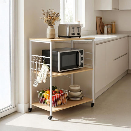 Kitchen Trolley Cart, 3-Tier Shelves, Wheels and 6 S-Hooks