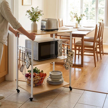 Kitchen Trolley Cart, 3-Tier Shelves, Wheels and 6 S-Hooks