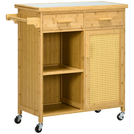 Desserte de cuisine avec tiroir, armoire, étagères ouvertes, porte-serviettes et plan de travail, bambou naturel