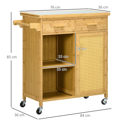 Desserte de cuisine avec tiroir, armoire, étagères ouvertes, porte-serviettes et plan de travail, bambou naturel