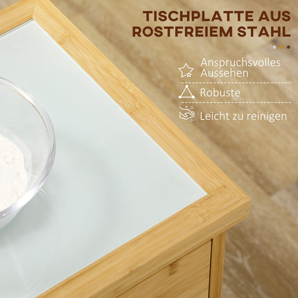 Desserte de cuisine avec tiroir, armoire, étagères ouvertes, porte-serviettes et plan de travail, bambou naturel