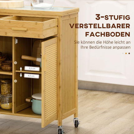 Desserte de cuisine avec tiroir, armoire, étagères ouvertes, porte-serviettes et plan de travail, bambou naturel