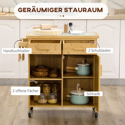 Desserte de cuisine avec tiroir, armoire, étagères ouvertes, porte-serviettes et plan de travail, bambou naturel