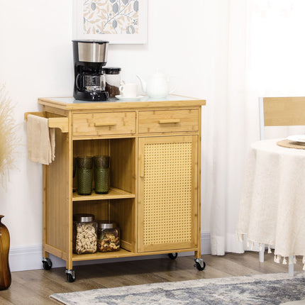 Desserte de cuisine avec tiroir, armoire, étagères ouvertes, porte-serviettes et plan de travail, bambou naturel