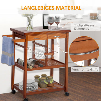 Küchenwagen aus Holz mit Ablage, Korb und Weinregal