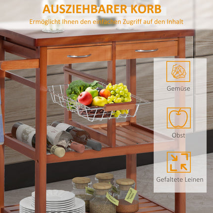 Küchenwagen aus Holz mit Ablage, Korb und Weinregal