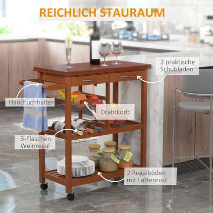 Küchenwagen aus Holz mit Ablage, Korb und Weinregal