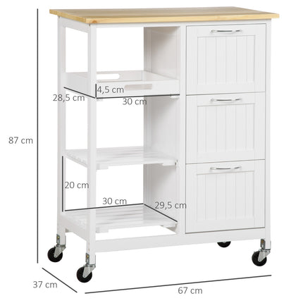 Desserte de cuisine, desserte de service avec 3 tiroirs, 3 niveaux, plan de travail, desserte de cuisine, desserte de rangement, blanc, 67 x 37 x 85 cm