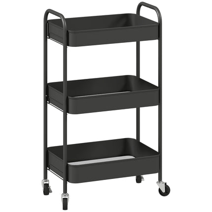 Servierwagen Küche, 3 Ablagen, 4 Rollen, Schwarz, 45x31x79 cm