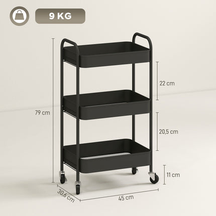 Servierwagen Küche, 3 Ablagen, 4 Rollen, Schwarz, 45x31x79 cm