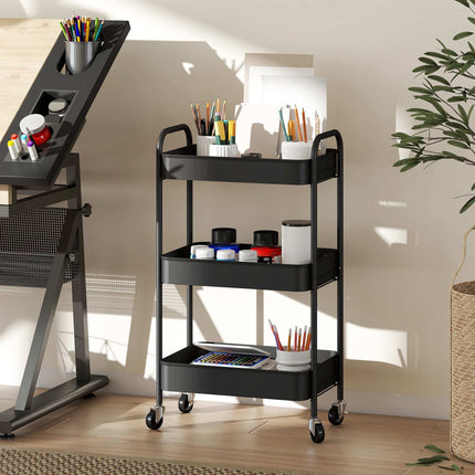 Servierwagen Küche, 3 Ablagen, 4 Rollen, Schwarz, 45x31x79 cm