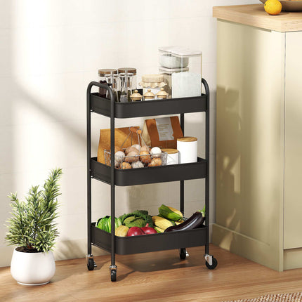 Servierwagen Küche, 3 Ablagen, 4 Rollen, Schwarz, 45x31x79 cm