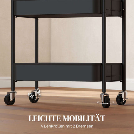 Servierwagen Küche, 3 Ablagen, 4 Rollen, Schwarz, 45x31x79 cm