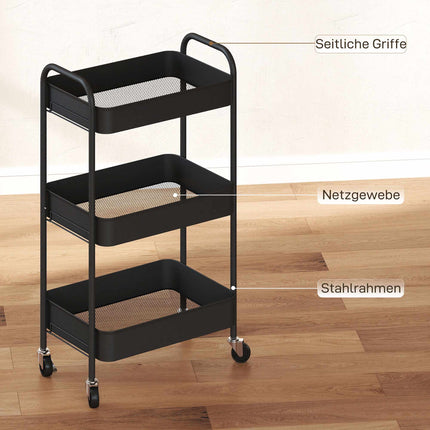 Servierwagen Küche, 3 Ablagen, 4 Rollen, Schwarz, 45x31x79 cm