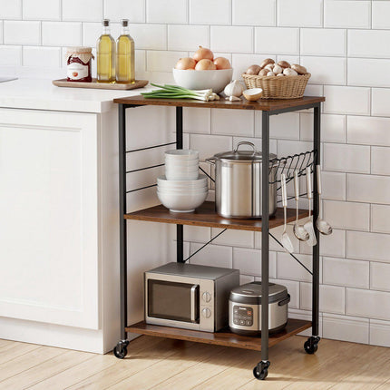 Kitchen Utility Cart, 3-Tier Rolling Microwave Stand, 8 Hooks
