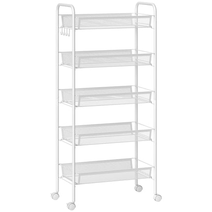 Kitchen Utility Cart, 5-Tier Steel, White, with Wheels
