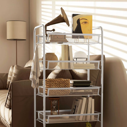 Kitchen Utility Cart, 5-Tier Steel, White, with Wheels