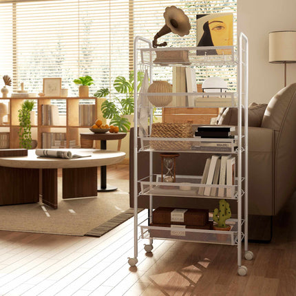 Kitchen Utility Cart, 5-Tier Steel, White, with Wheels