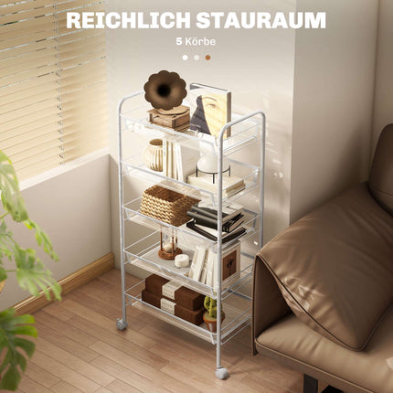 Kitchen Utility Cart, 5-Tier Steel, White, with Wheels