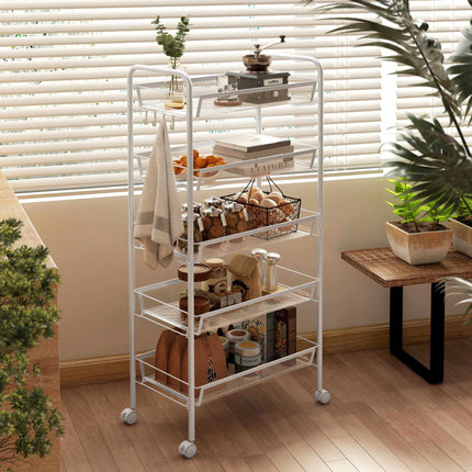 Kitchen Utility Cart, 5-Tier Steel, White, with Wheels