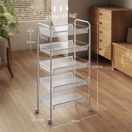 Kitchen Utility Cart, 5-Tier Steel, White, with Wheels