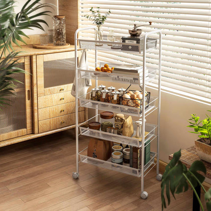 Kitchen Utility Cart, 5-Tier Steel, White, with Wheels