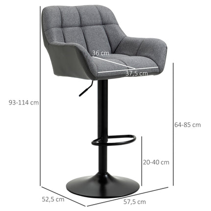 Adjustable gray barstools Set of 2, 360° rotatable, linen look
