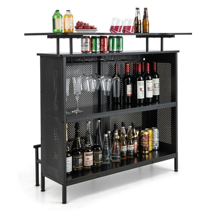 Table de bar de cuisine avec 2 casiers à vin et 6 porte-verres et pieds réglables 120 x 50 x 106,5 cm noir