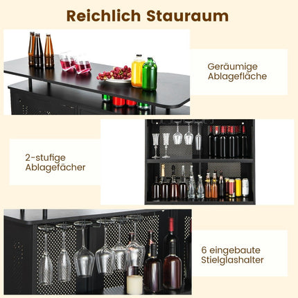Table de bar de cuisine avec 2 casiers à vin et 6 porte-verres et pieds réglables 120 x 50 x 106,5 cm noir
