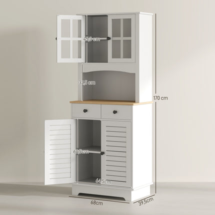 Tall white kitchen buffet cabinet, adjustable shelves, 170 cm