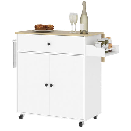 Desserte de cuisine sur roulettes avec plan de travail rabattable, tiroir, meuble de cuisine roulant avec étagère, porte-serviettes, étagère à épices, desserte blanche