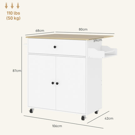 Desserte de cuisine sur roulettes avec plan de travail rabattable, tiroir, meuble de cuisine roulant avec étagère, porte-serviettes, étagère à épices, desserte blanche