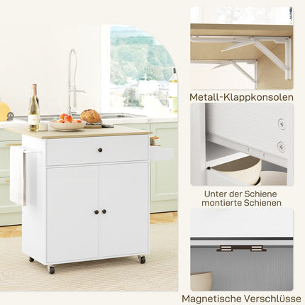 Desserte de cuisine sur roulettes avec plan de travail rabattable, tiroir, meuble de cuisine roulant avec étagère, porte-serviettes, étagère à épices, desserte blanche
