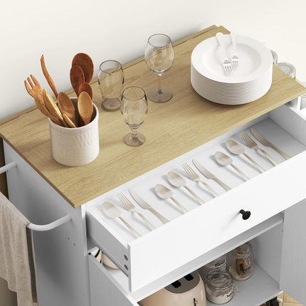 Desserte de cuisine sur roulettes avec plan de travail rabattable, tiroir, meuble de cuisine roulant avec étagère, porte-serviettes, étagère à épices, desserte blanche