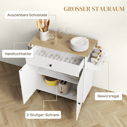 Desserte de cuisine sur roulettes avec plan de travail rabattable, tiroir, meuble de cuisine roulant avec étagère, porte-serviettes, étagère à épices, desserte blanche