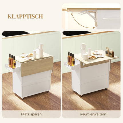 Desserte de cuisine sur roulettes avec plan de travail rabattable, tiroir, meuble de cuisine roulant avec étagère, porte-serviettes, étagère à épices, desserte blanche