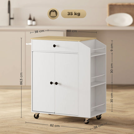 Desserte de cuisine sur roulettes avec plan de travail, tiroir, meuble de cuisine roulant avec étagère, porte-épices, porte-serviettes, desserte de service, desserte de cuisine blanche