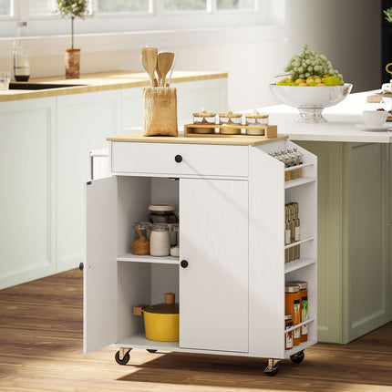 Desserte de cuisine sur roulettes avec plan de travail, tiroir, meuble de cuisine roulant avec étagère, porte-épices, porte-serviettes, desserte de service, desserte de cuisine blanche