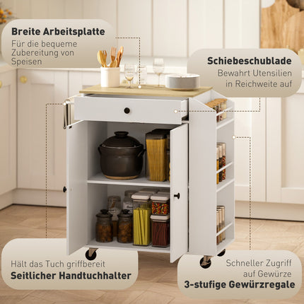 Desserte de cuisine sur roulettes avec plan de travail, tiroir, meuble de cuisine roulant avec étagère, porte-épices, porte-serviettes, desserte de service, desserte de cuisine blanche