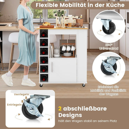Îlot de cuisine avec rangement et porte-serviettes, porte-assiettes en bambou et porte-bouteilles blanc