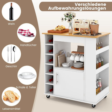 Îlot de cuisine avec rangement et porte-serviettes, porte-assiettes en bambou et porte-bouteilles blanc