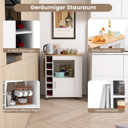 Îlot de cuisine avec rangement et porte-serviettes, porte-assiettes en bambou et porte-bouteilles blanc