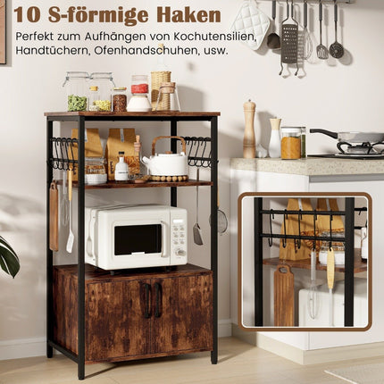 Kitchen shelf with cupboard 3-tier baker's shelf with 2 open shelves & 10 hooks 60 x 40 x 100 cm brown