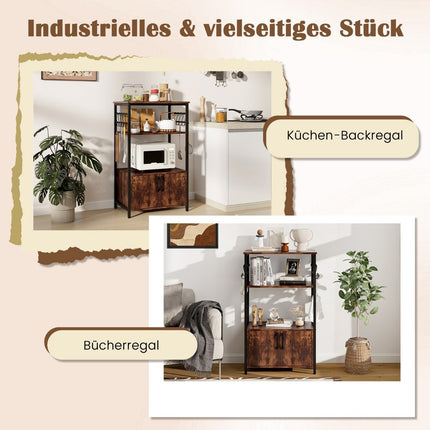 Kitchen shelf with cupboard 3-tier baker's shelf with 2 open shelves & 10 hooks 60 x 40 x 100 cm brown