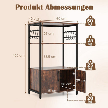 Kitchen shelf with cupboard 3-tier baker's shelf with 2 open shelves & 10 hooks 60 x 40 x 100 cm brown