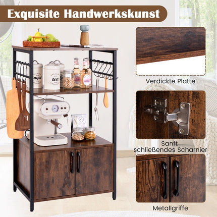 Kitchen shelf with cupboard 3-tier baker's shelf with 2 open shelves & 10 hooks 60 x 40 x 100 cm brown
